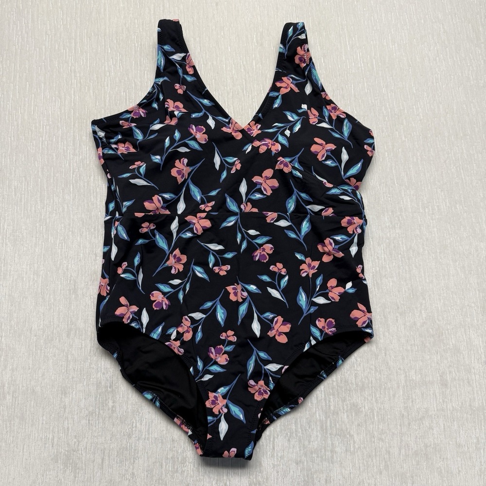 Lands' End Floral Bathing Suit One-Piece Black Pink 22W Lightly Padded Wireless